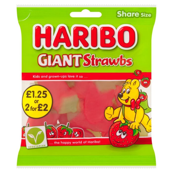 HARIBO Giant Strawbs Strawberry Flavour Chewy Jelly Sweets Sharing Bag