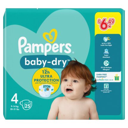 Pampers Baby-Dry Size 4, 25 Nappies, 9kg-14kg